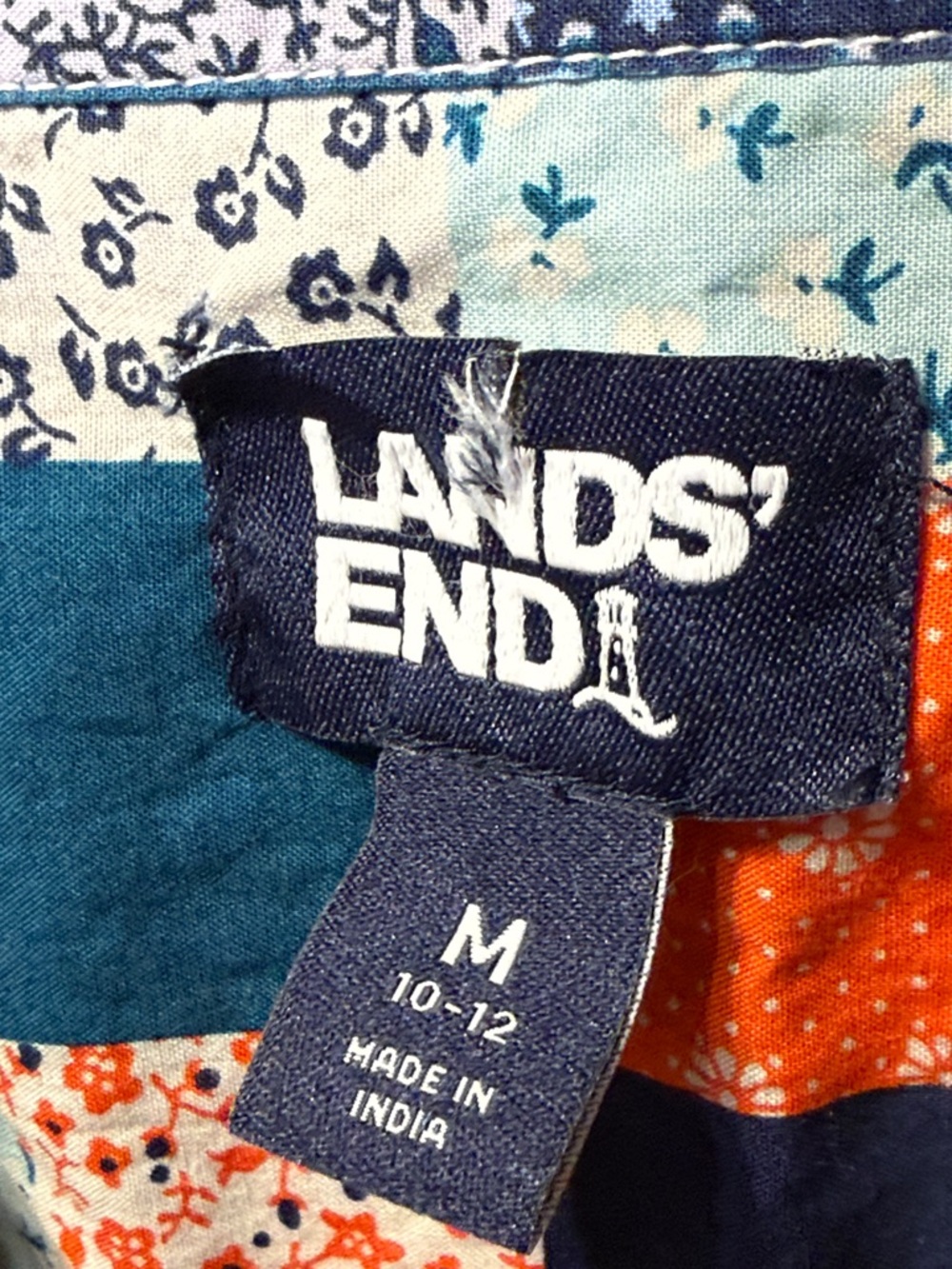 Lands' End Patchwork print Button-Front skirt Dress in Navy, Teal & Orange - Picture 2 of 5